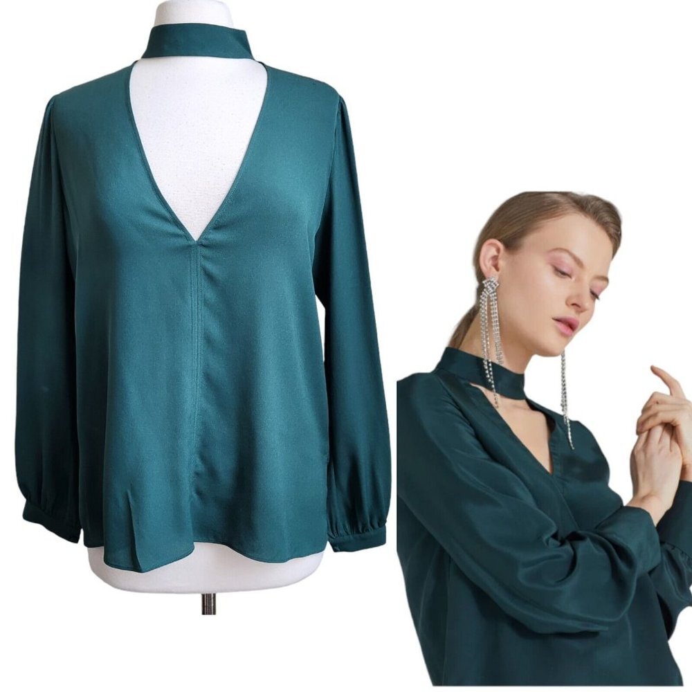 A.L.C. Choker Blouse Womens sz 6 Satin Deep V Neck‎ Silk Jade Green Long Sleeves